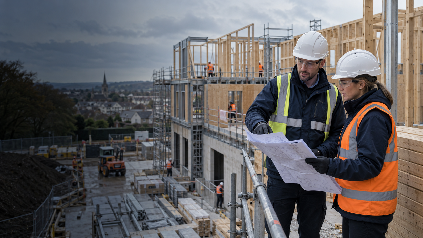 Illustrative image of project coordination on a UK timber-frame site with surrounding scaffolding