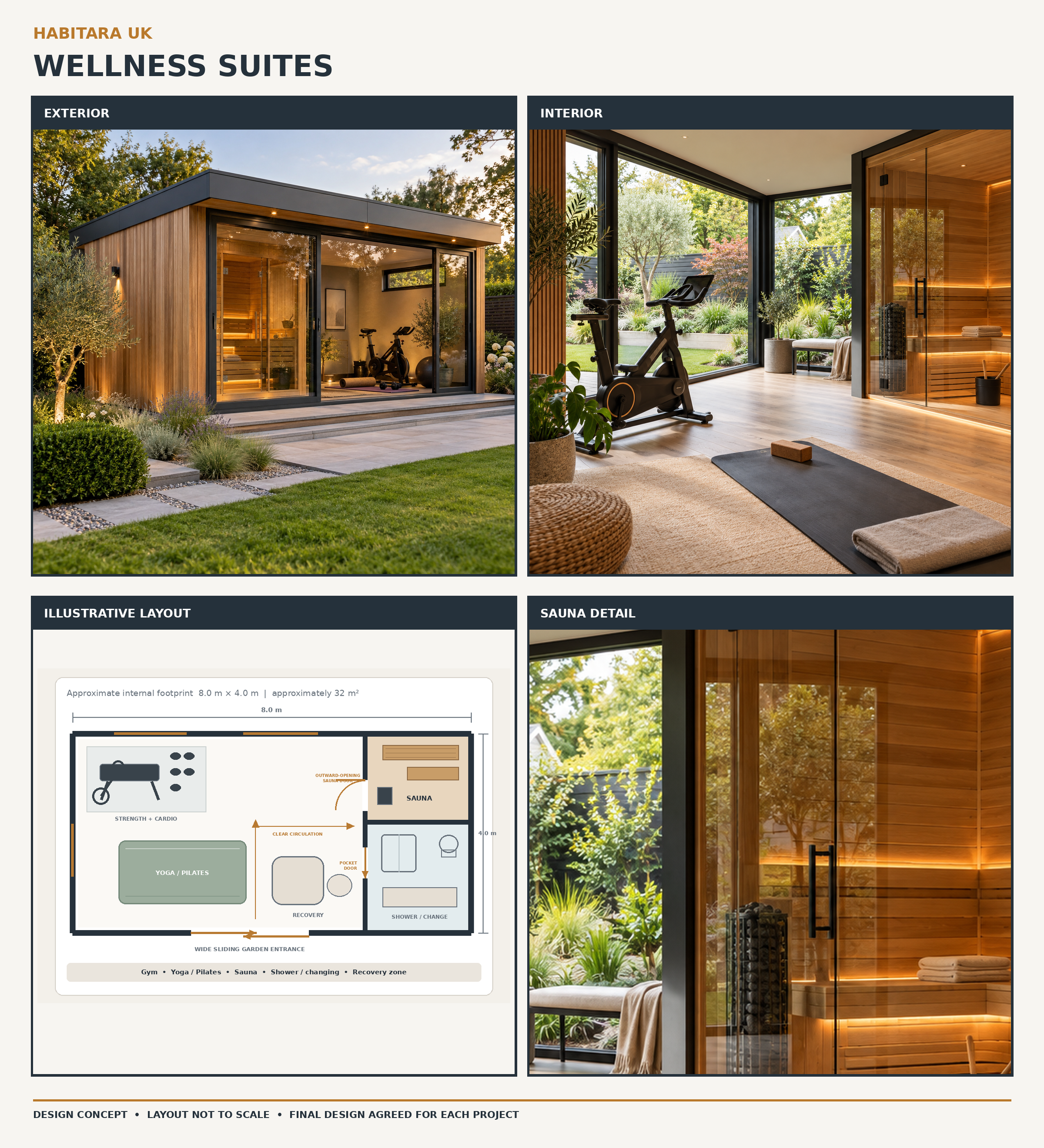 Wellness Suites exterior, interior and illustrative layout design concepts